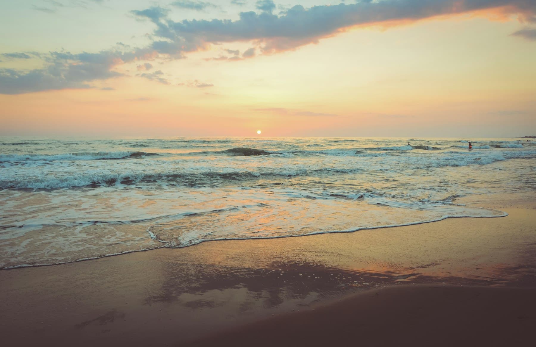 A quiet shoreline with pale sand and clear shallows.